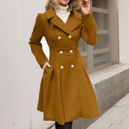 Abigail | Women's Double-Breasted Flared Coat - Wool-Blend Notch Lapel Longline