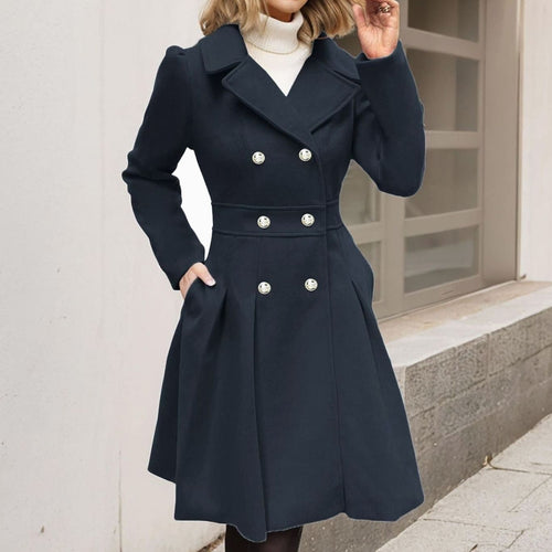 Abigail | Women's Double-Breasted Flared Coat - Wool-Blend Notch Lapel Longline