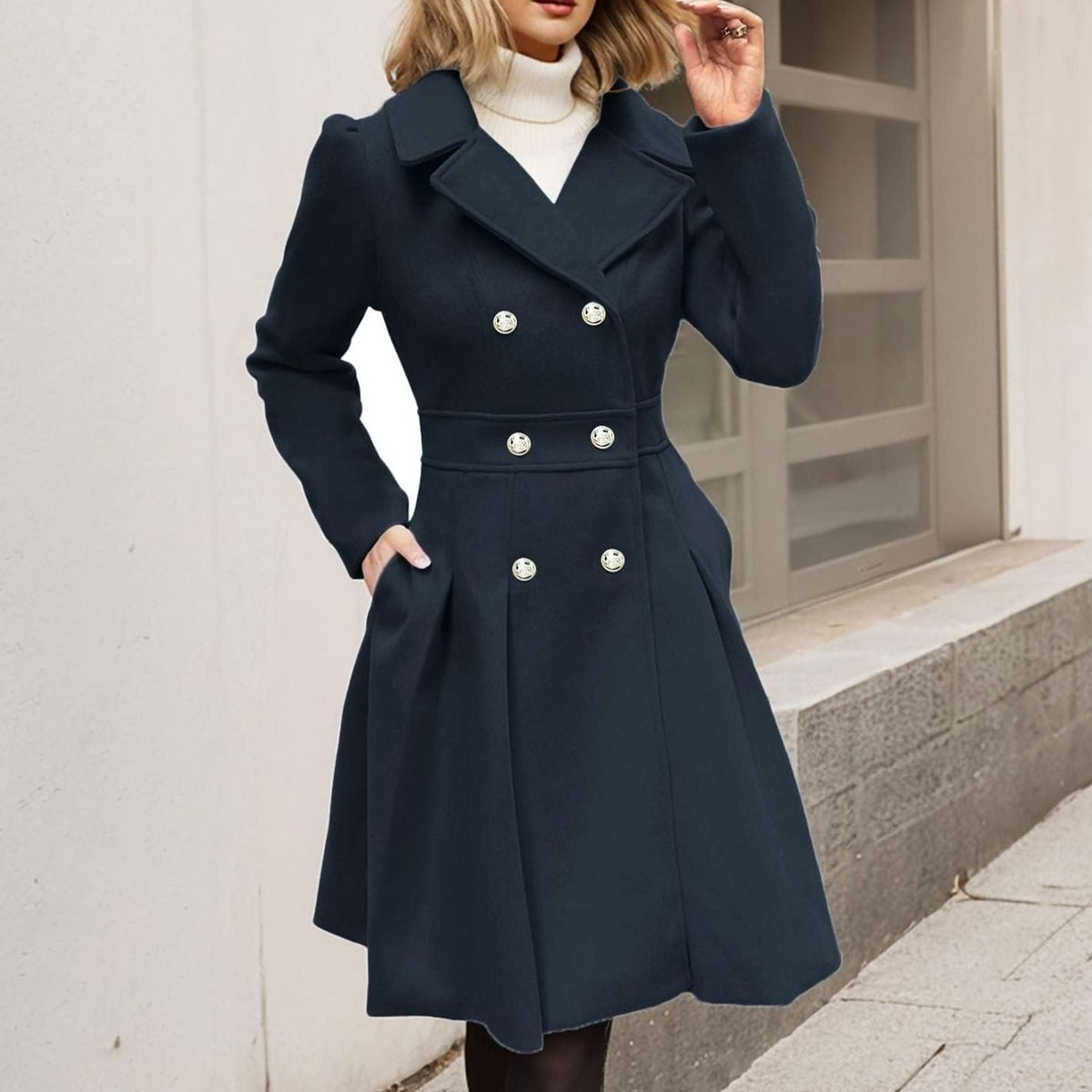 Abigail | Women's Double-Breasted Flared Coat - Wool-Blend Notch Lapel Longline