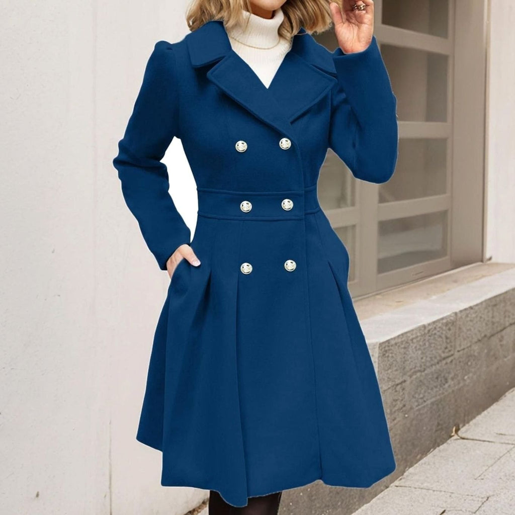Abigail | Women's Double-Breasted Flared Coat - Wool-Blend Notch Lapel Longline