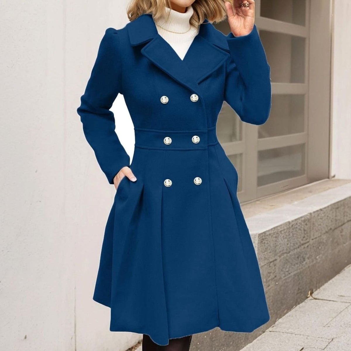 Abigail | Women's Double-Breasted Flared Coat - Wool-Blend Notch Lapel Longline