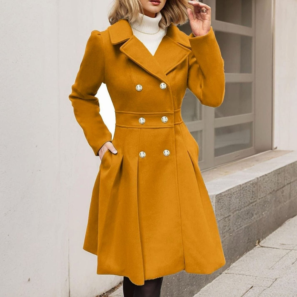Abigail | Women's Double-Breasted Flared Coat - Wool-Blend Notch Lapel Longline