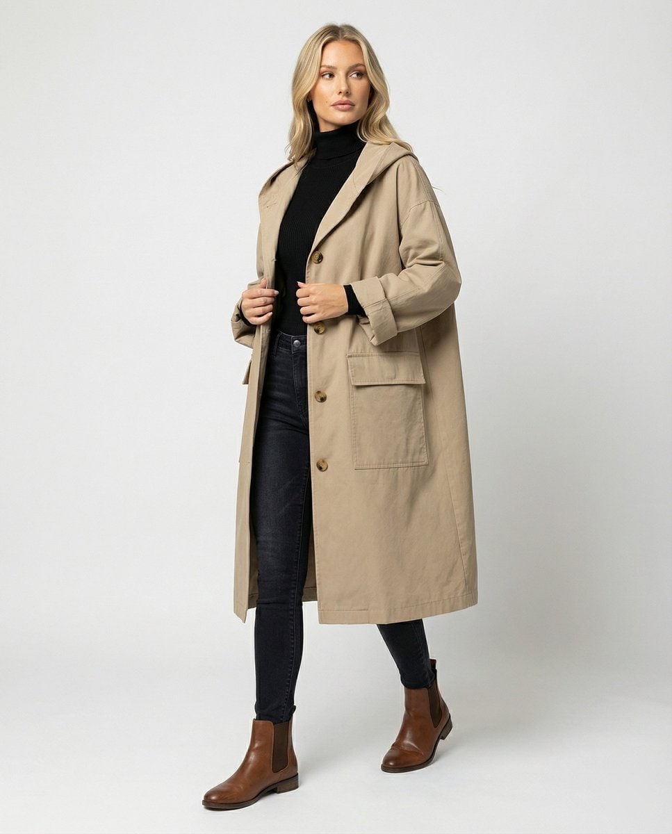 Alexandra | Women's Waterproof Longline Trench Coat - Hooded Button-Front Winter Coat