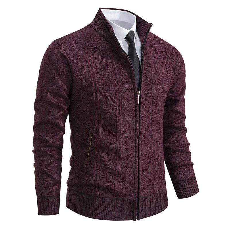 Keith | Men's Padded Zip-Up Cardigan - Stand Collar Knitted Panel Jumper