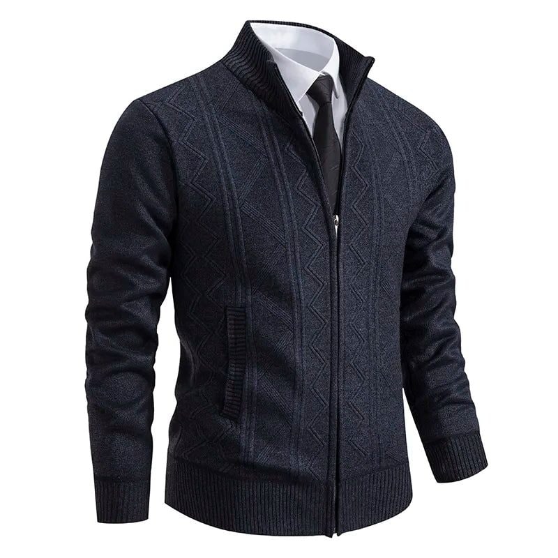Keith | Men's Padded Zip-Up Cardigan - Stand Collar Knitted Panel Jumper